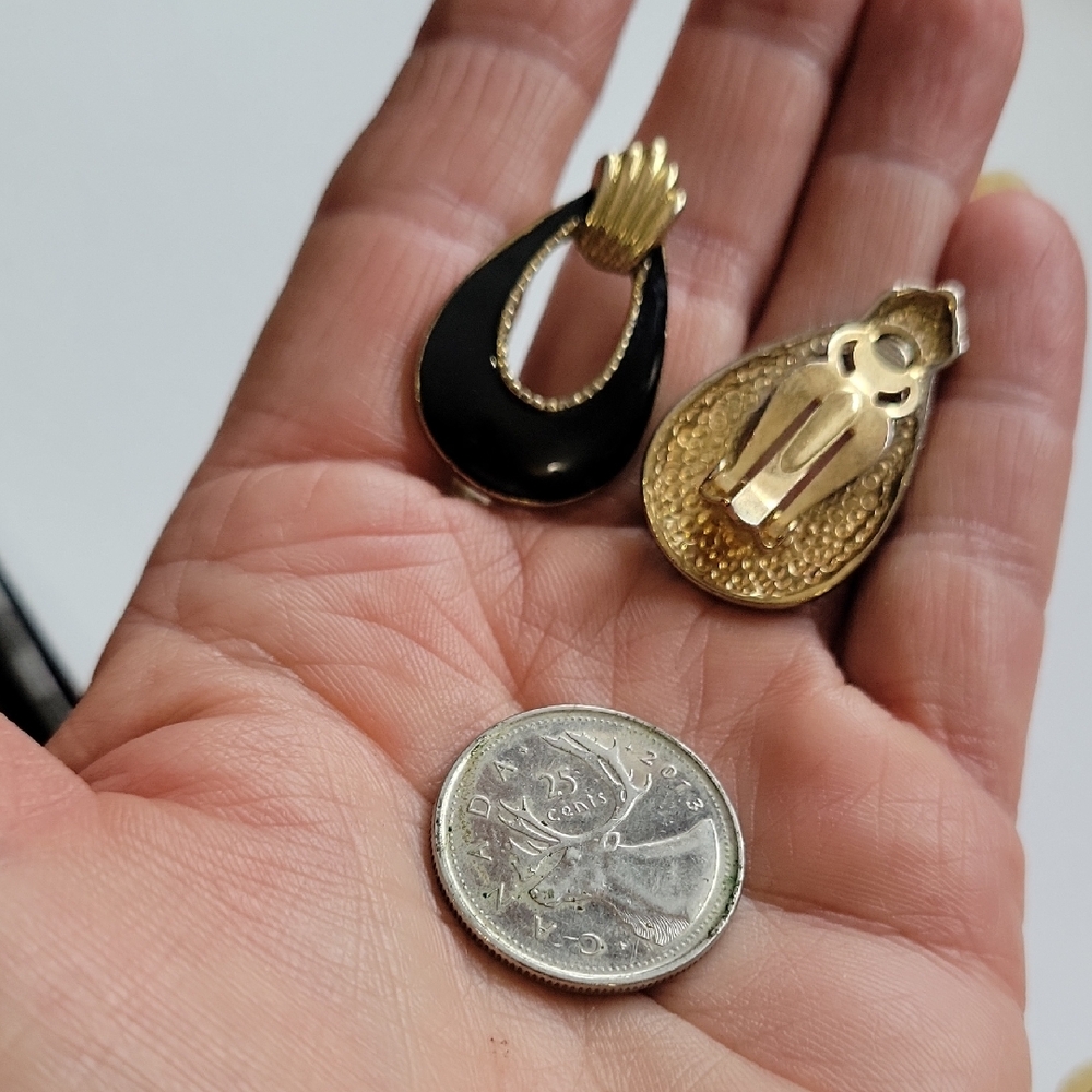 Elegant Black and Gold Enameled Clip on Earrings